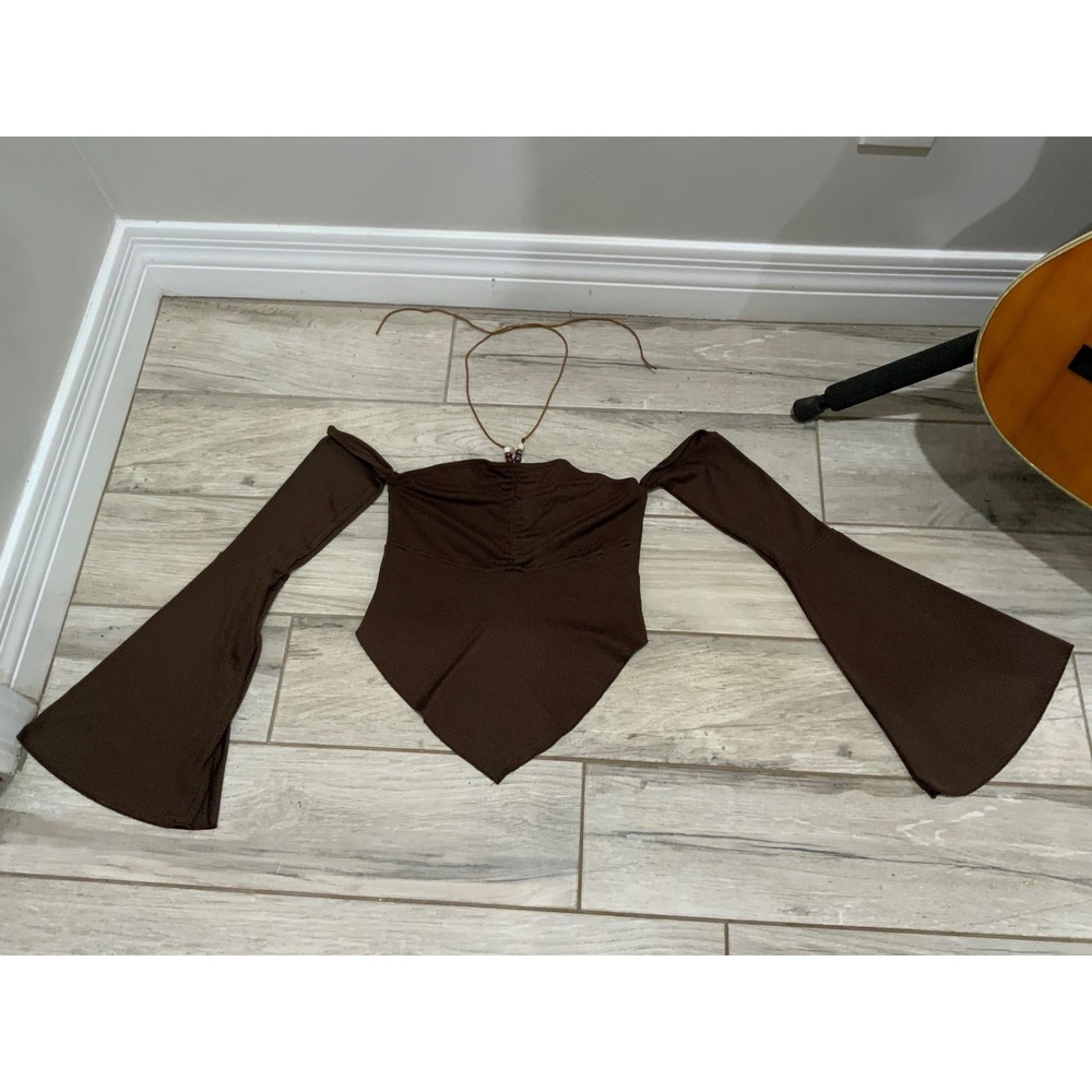 Women Brown Bell Sleeve Halter‎ Neck Crop Top Beaded Neckline